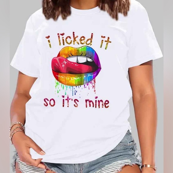 Tops - Multicolor Lips Print T-Shirt, Crew Neck Short Sleeve